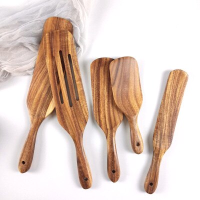 Teak Wood Kitchen Utensils Eco Natural Wooden Cooking Tools Non-Stick Fried Egg Spatula Salad Mixing Shovels Cooking Turners