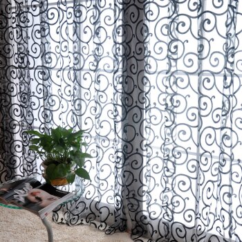 Cortinas de tul para puertas y ventanas, cortinas de tul con estampado Floral, de estilo Retro, en 6 colores, transparentes y ahuecadas: Black