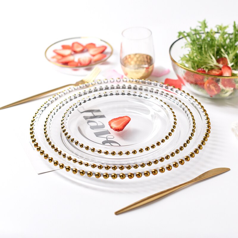 Dinnerware Set Plates Nordic Gold Bead Glass Charger Plate for Dinner Decorative Salad Fruit Wedding Plate Dinner Platos