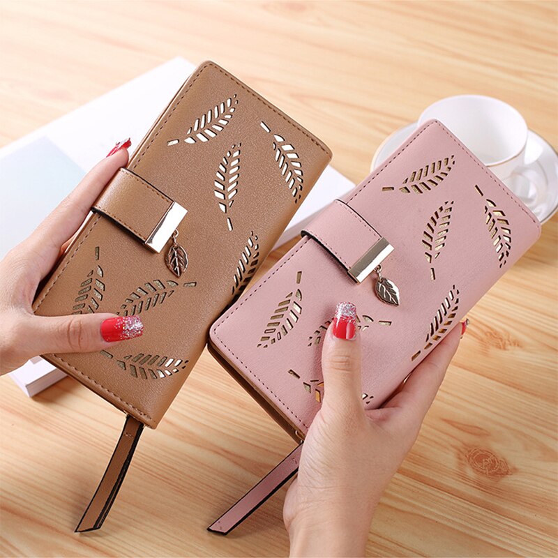 Vrouwen Portemonnee Pu Lederen Tas Vrouw Lange Wallet Gold Hollow Bladeren Pouch Handtas Voor Vrouwen Portemonnee Kaarthouders Clutch