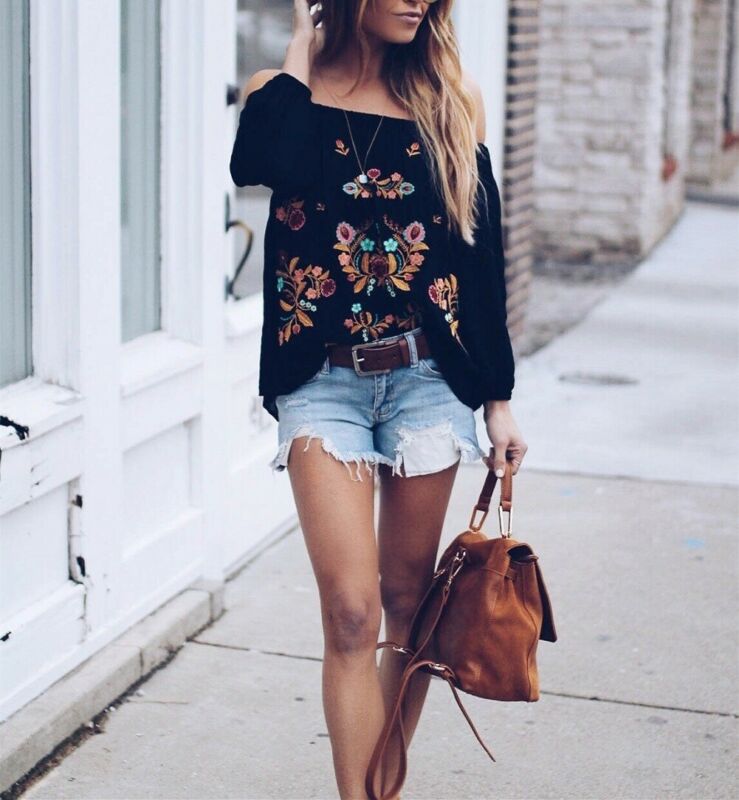 US Plus Size Women Casual T-shirt Flower Top Long Sleeve Off Shoulder Tee Blouse