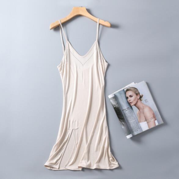 Kvinners s 50%  silke 50%  viskose full slip nattkjole nattøy chemise justerbare stropper  sg332: Beige / M