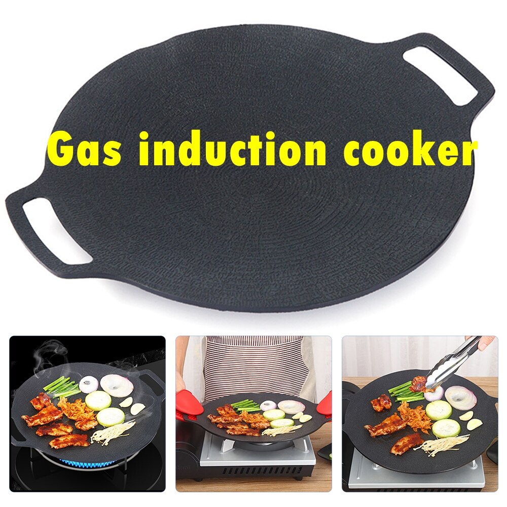 29/36cm Thick Cast Iron Frying Pan Flat Pancake Griddle Uncoated Non-stick Bbq Grill Induction Cooker Open Flame Cooking Pot: 29cm / B