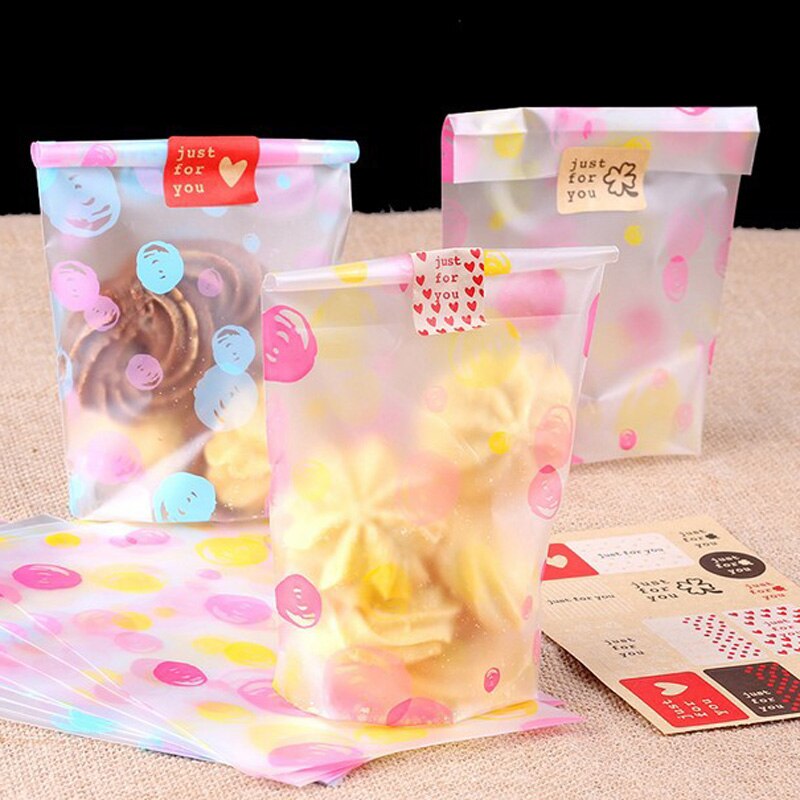 50 stuks Geel Roze Stippen Plastic Zakken Cookie Candy Bag Roze Blauw Open Top Birthday Party Bag Briefpapier Verpakking envelop
