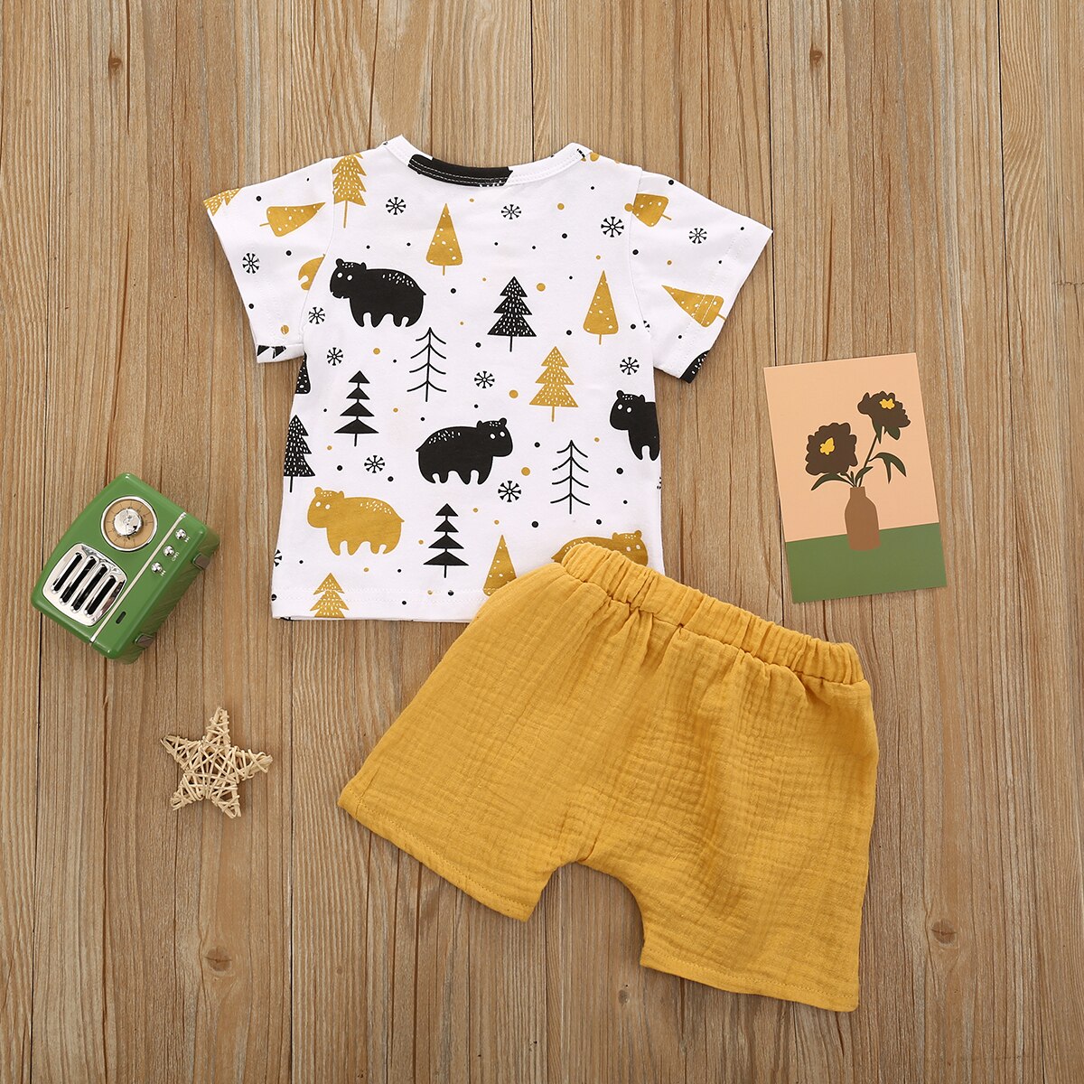 Kinderkleding sets met korte mouwen, t-shirts, topjes en gele shorts, 2 stuks