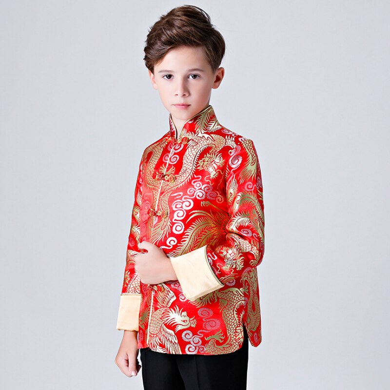 Children's Tang Red Satin Cheongsam Top Chinese Dress Boy Qipao Top Year'S Clothing Host Performance Costume Winter