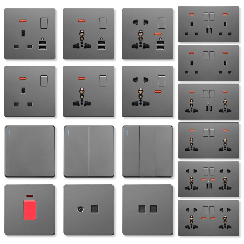 USB Wall Socket 3 Pins UK Standard Outlet 13A 110V-250V Socket 2.1A Dual USB Plug Charger Ports Double Wall Power Gray Plastic