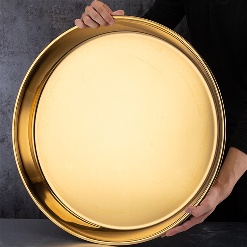 Thickened stainless steel disc metal pallet Large flat bottom deep plate Golden cake plate Restaurant plate plates set