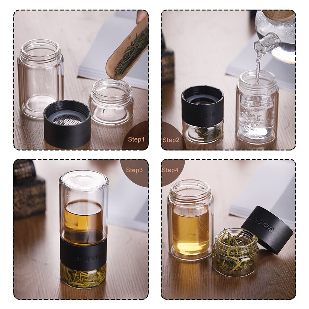 200ml glass vannflaske med posere høy borosilikat dobbelt te vannflaske infusjonstumbler drinkware smarte flasker te filter