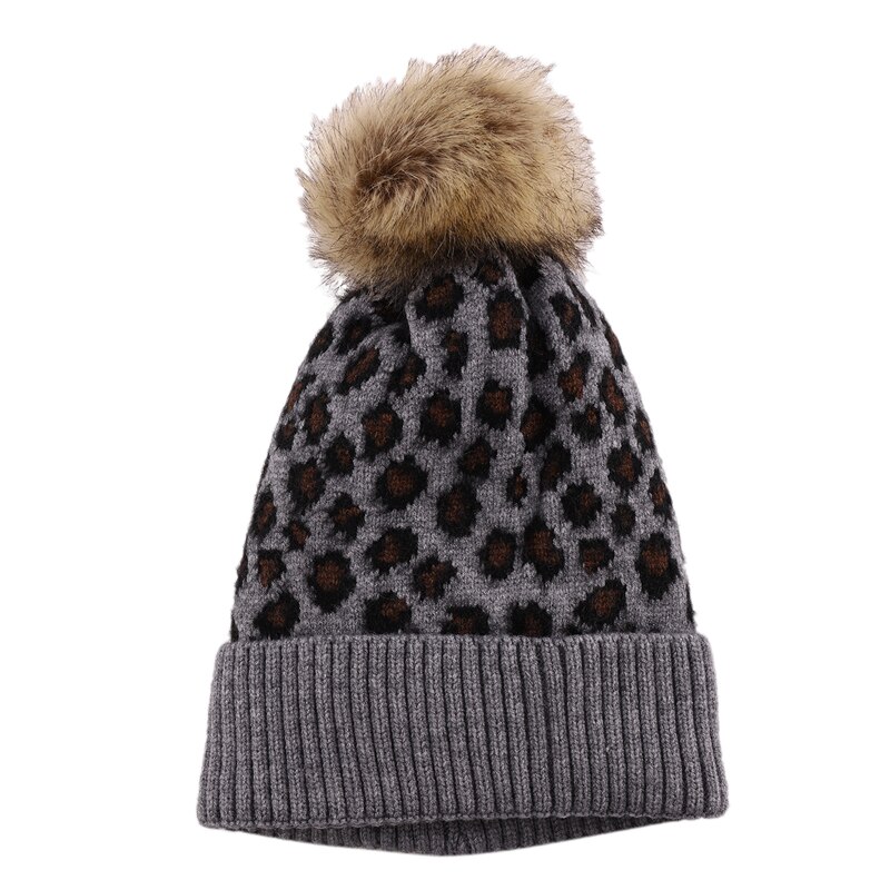 Cappello leopardato a tesa larga in lana morbida autunno e inverno da donna, stampa leopardata e palla di peluche