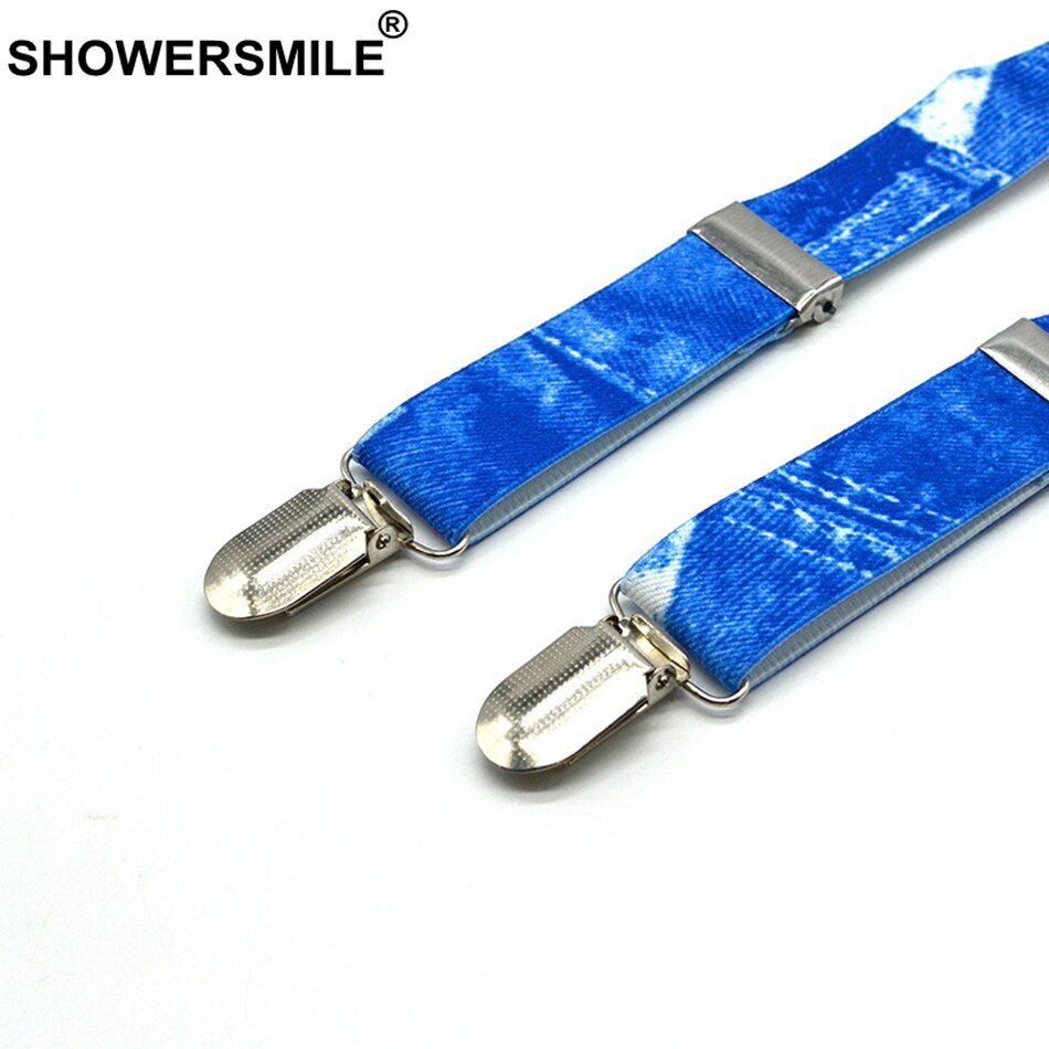 Showersmile drenge seler print denim blå seler og butterfly sæt børnelæder 4 klips elastisk justerbar børnebukserem