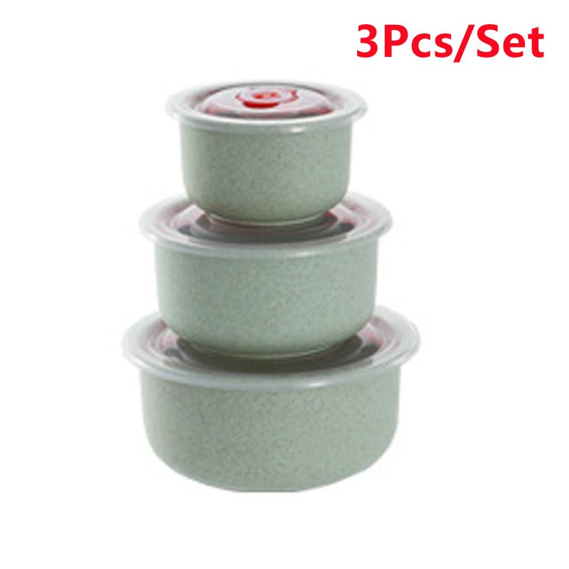 Wheat Straw Fresh-keeping Bowl Threepiece Set With Lid Round Lunch Box Can Be Microwave Sealed Bowl Kitchen Supplies Storage Box: Green