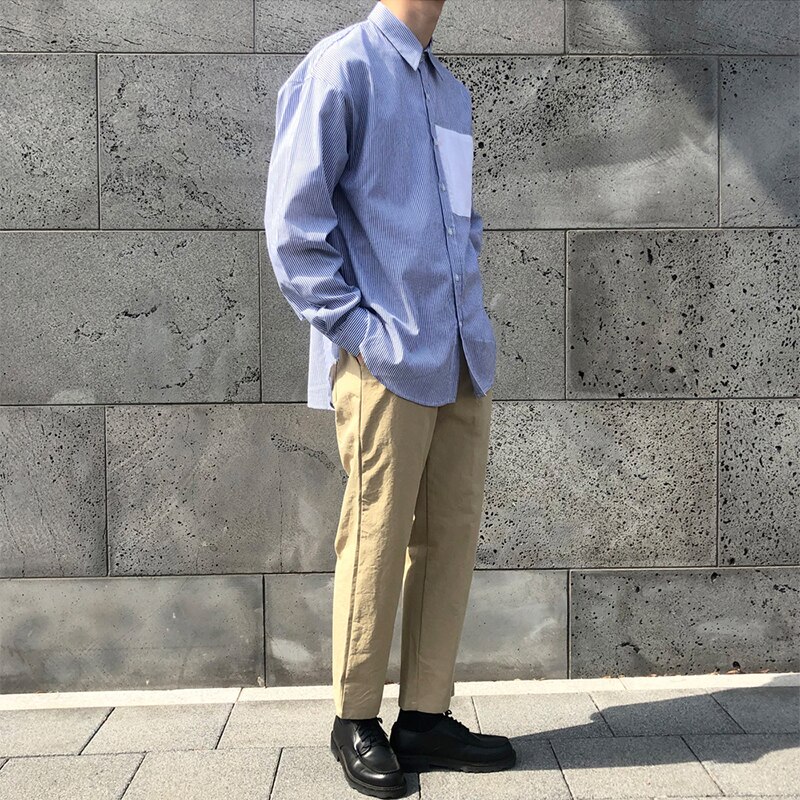 Mænd korea japan streetwear afslappet løs stribe langærmede mandlige vintage ungdomsskjorter