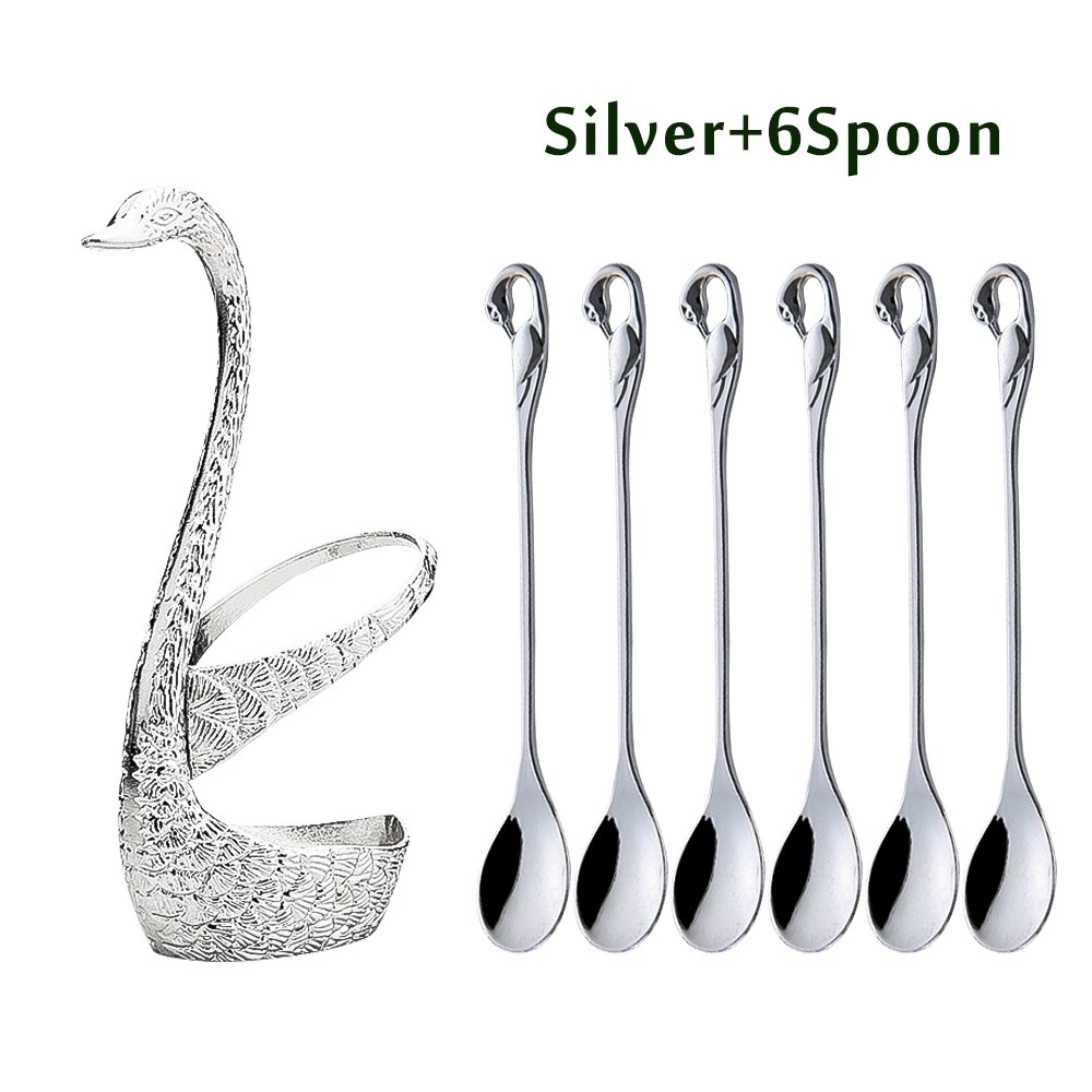 7 Pcs Swan Base Holder Dinnerware Set Stainless Steel Gold Spoon Fork Cutlery Coffee Cake Fruit Salad Dessert Flatware Teaspoon: E