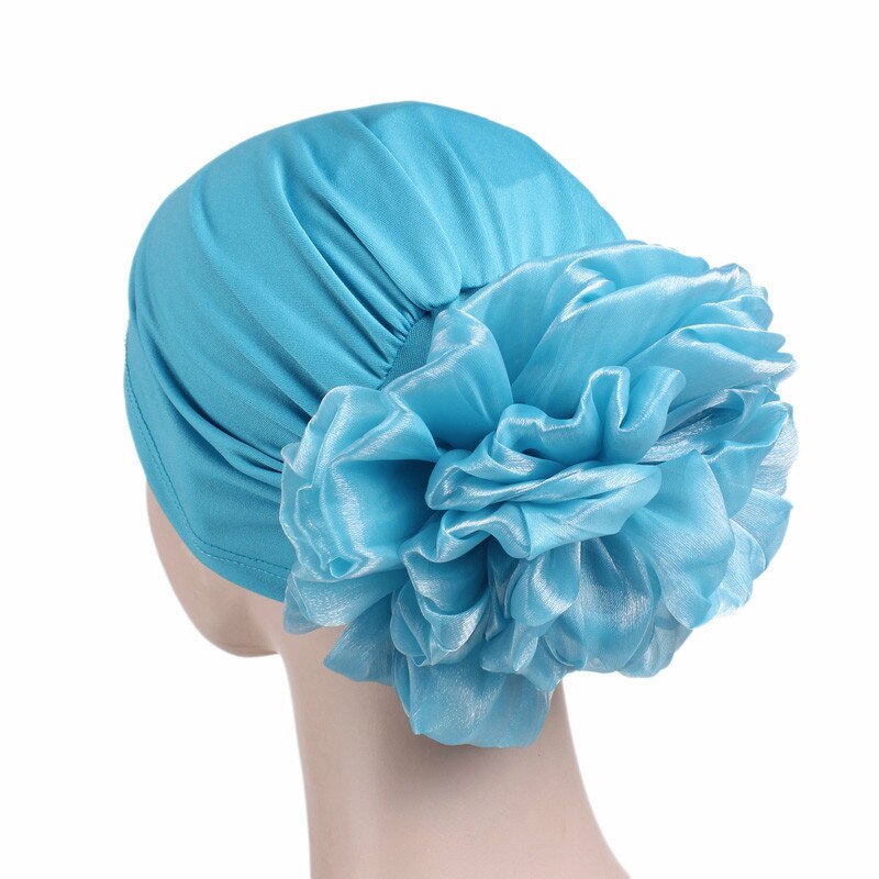Grote Bloem Vrouwen Tulband Hoed Moslim Hoofddoek Stapel Hoop Cap Vrouwen Zachte Comfortabele Hijab Caps Islamitische Chemotherapie Hoed: Blauw