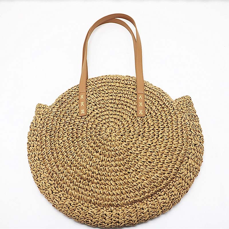 REREKAXI Hand geweven Ronde Vrouw Schoudertas Handtas Bohemian Zomer Stro Strandtas Reizen Winkelen Vrouwelijke Tote Rieten tassen: Khaki Shoulder bag