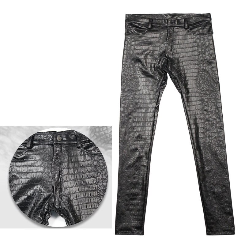Krokodille alligator skrive ut pu kunstskinn blyantbukser tynn fleece varme høstbukser motorsykkel herre streetwear spodnie bukse