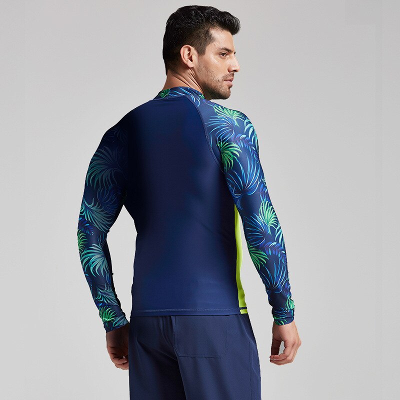 Contrast Color Rash Guard Men UV Sun Protection UPF 50+ Basic Skins Long Sleeve Crew Tee Surfing Top Floral Print Navy Blue