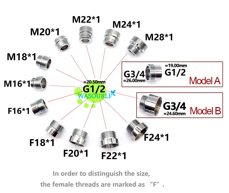 Conector de rosca externa wasourlf m22, conector g1/2 tamanhos externo para chuveiro, banheiro, cozinha, acessórios de torneira de bronze