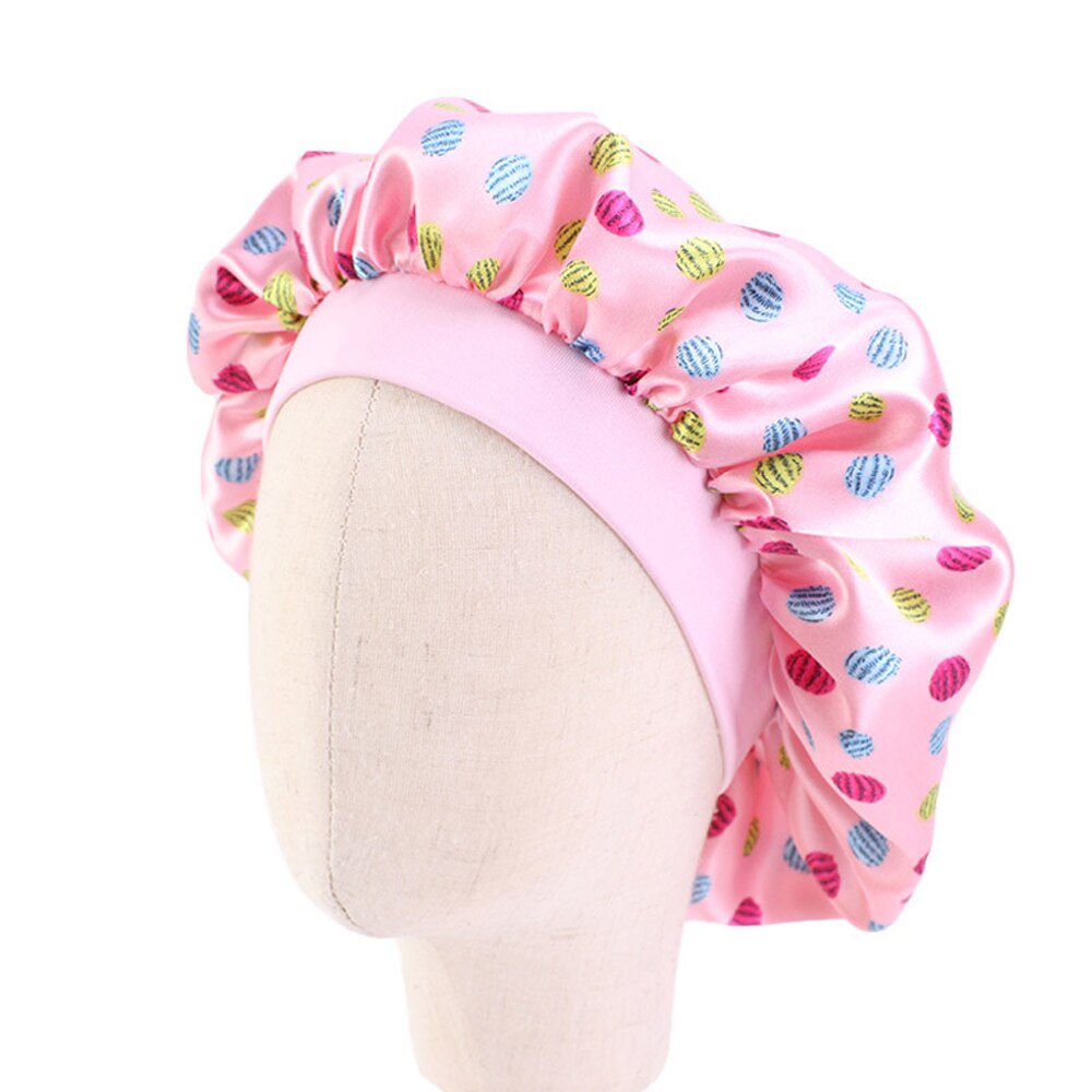 Cute Pattern Kids Satin Sleep Cap Bonnet Flower Printed Night Cap Turban Chemo Hat Girl's Wide Elastic Band Night Sleep Cap