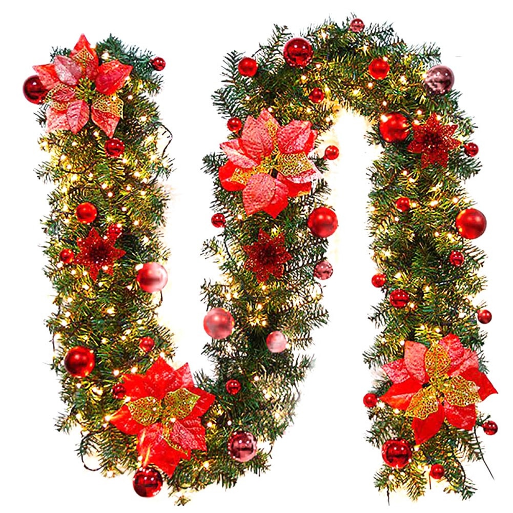 Xmas Garland Met Led String Lights 2.7M/9ft Kerstboom Ornamenten Decoraties Kerst Kunstmatige Krans Krans: Red