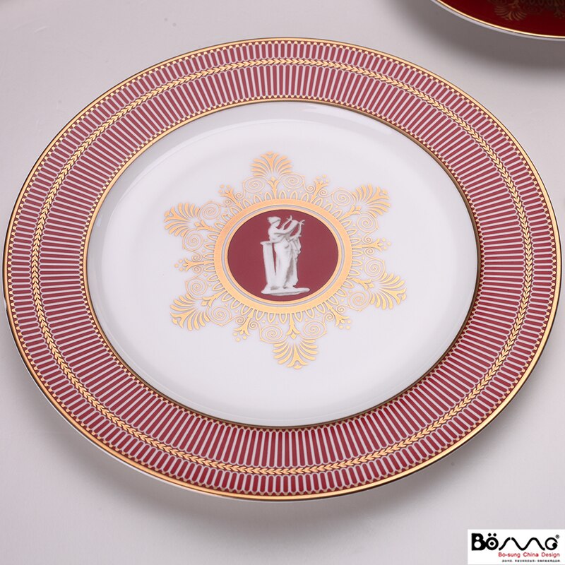 British high-end western food dish red model room bone China steak dish home western food club tableware set: 8 inch flat plate