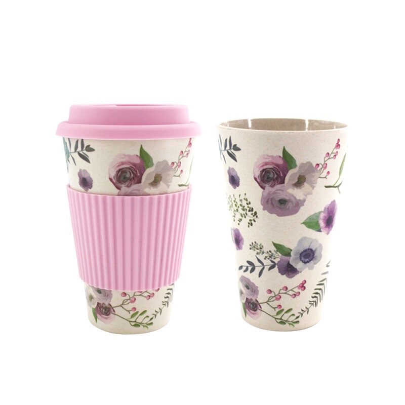 Taza de café de fibra de bambú ecológica, Taza de Viaje con tapa, portátil, para Cerveza, Té, tazas de leche, 400ml: Rosa