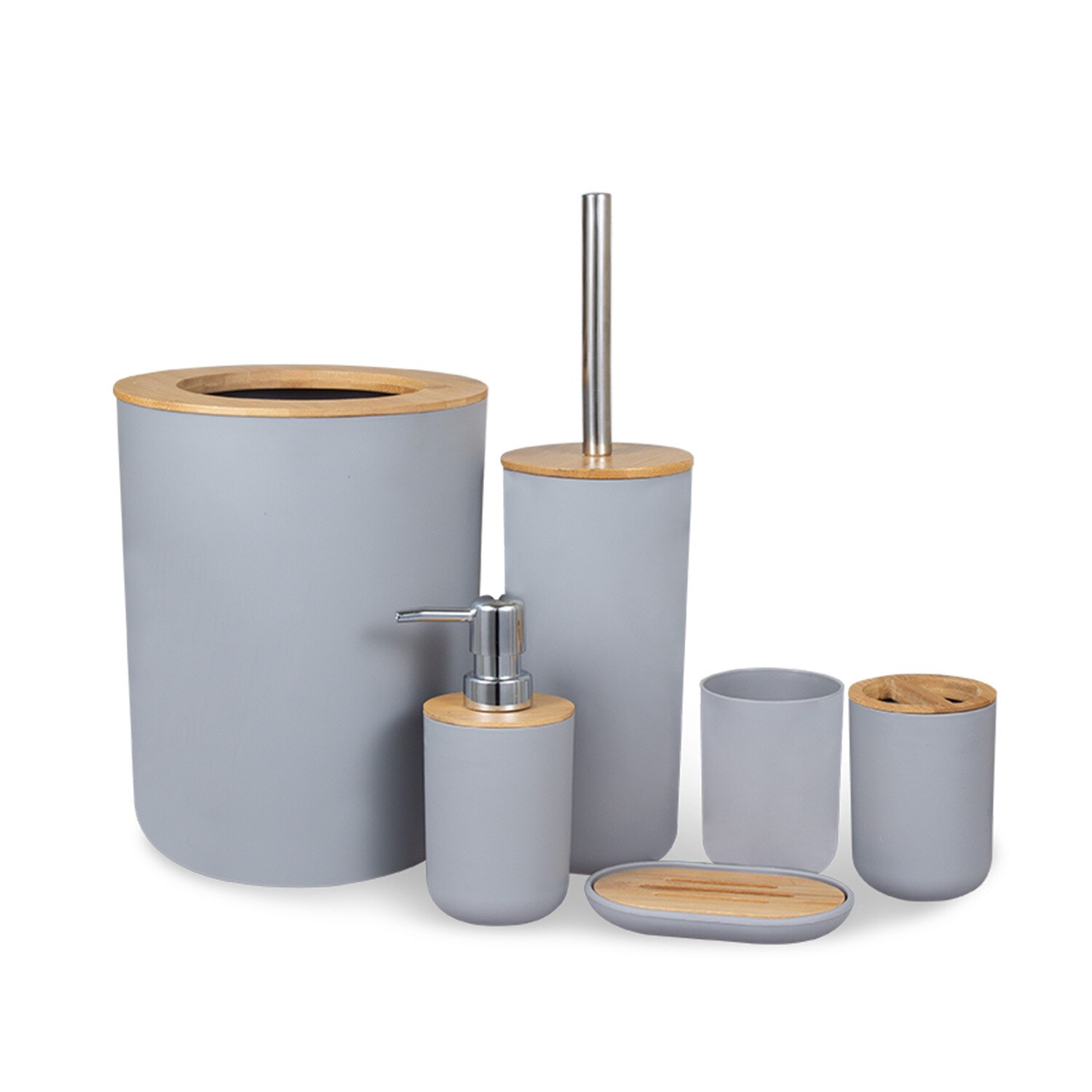 Set  of 6 badrumstillbehör i plast set med tandborsthållare av bambu tandkrämsdosa tvållåda toalett duschförvaring: Grå