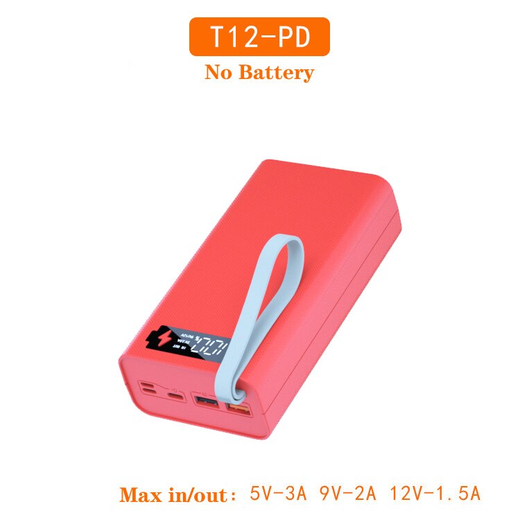 Powerbank-gehäuse mit push-pull-mechanismus, zwei usb-anschlüssen, digitalanzeige, kabellosem handy-ladegerät, diy-gehäuse für 12*18650 akkus: T12- pd-rot