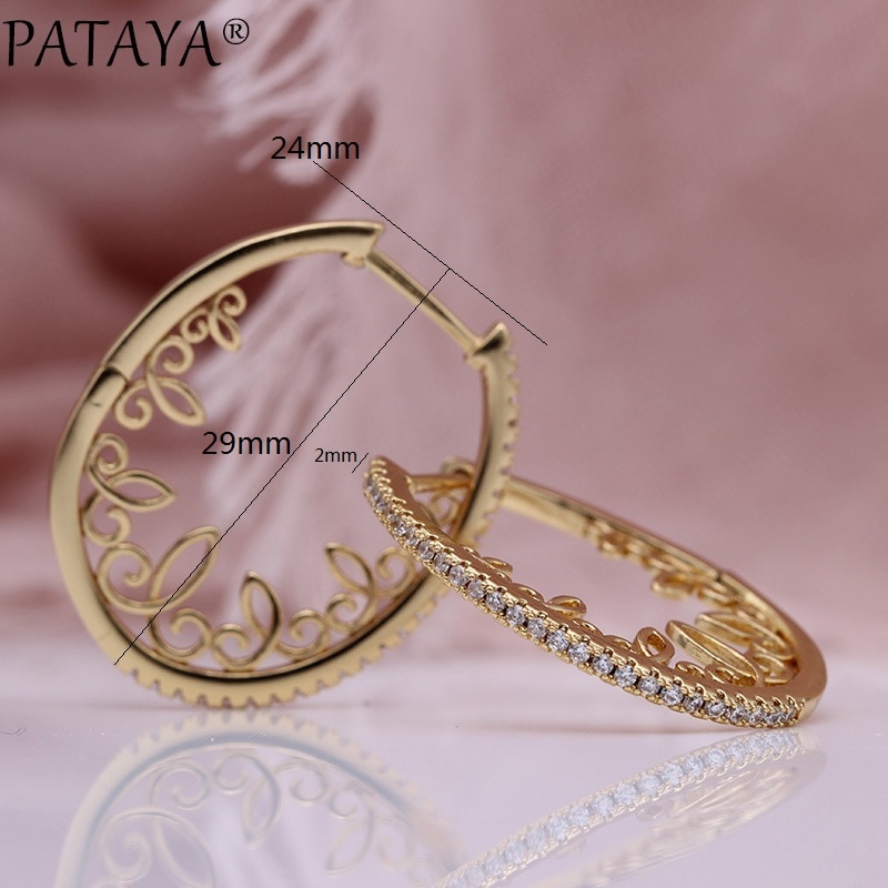 PATAYA Neue Hohle Spitze Kreis Tropfen Ohrringe Frauen Partei Feine Schmuck 585 Rose Gold Weiß Natürliche Zirkon Hochzeit Ohrringe