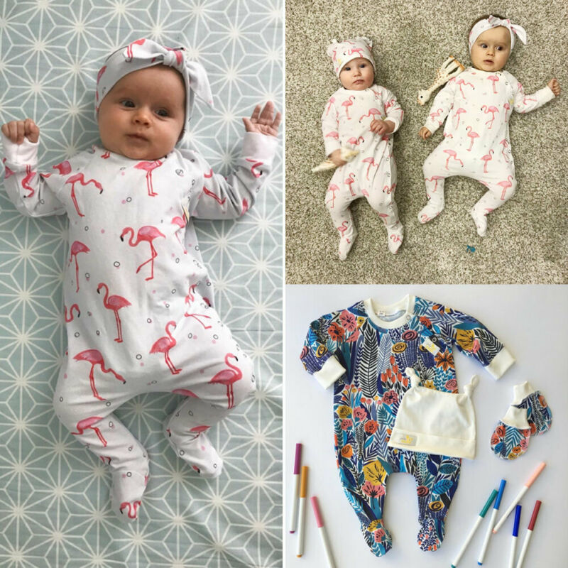 0-12M pasgeboren baby Footies jumpsuit Comfortabele katoenen lange mouwen cartoon flamingo print playsuit baby kleding