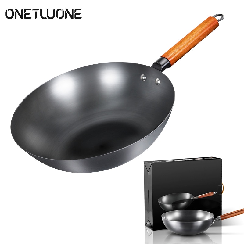 Ijzeren Wok Traditionele Handgemaakte Ijzeren Wok Non-stick Pan Non-Coating Inductie En Gasfornuis Kookgerei