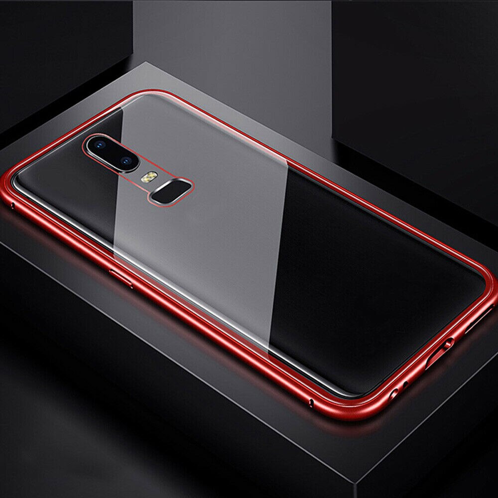 Magnetic Adsorption Metal Case For Oneplus 7 Pro 6T 6 5T Phone Case Back Tempered Glass Case Protective Case Cover Fundas: For Oneplus 6 / Clear With Red