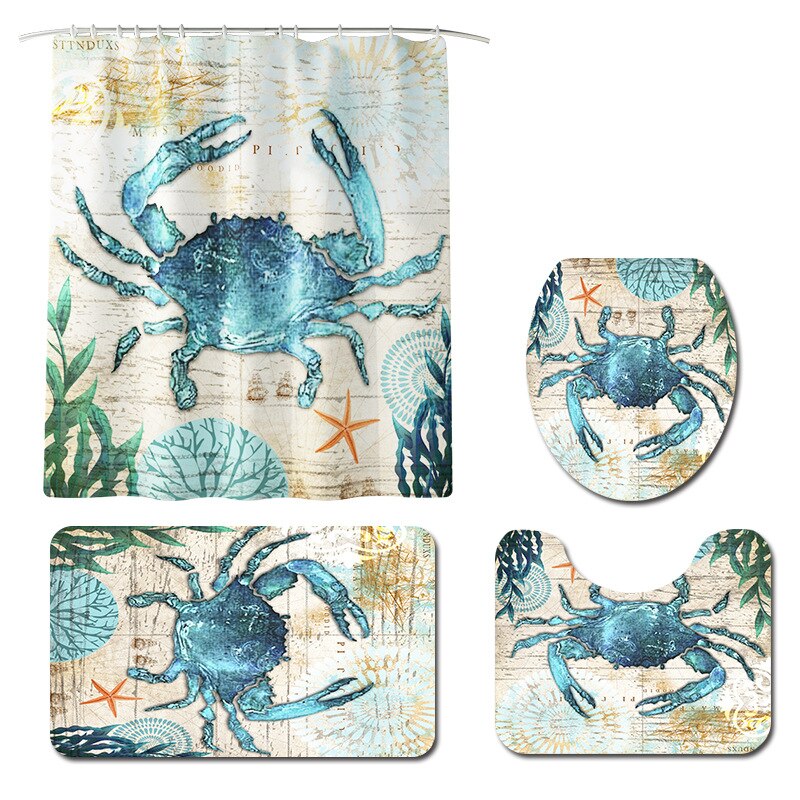Printing Animal Bath Mat and Shower Curtain Set Absorbent Toilet Mat Bathroom Carpet Non-slip Foot Mat Microfiber Bath Mat: 4pcs-275