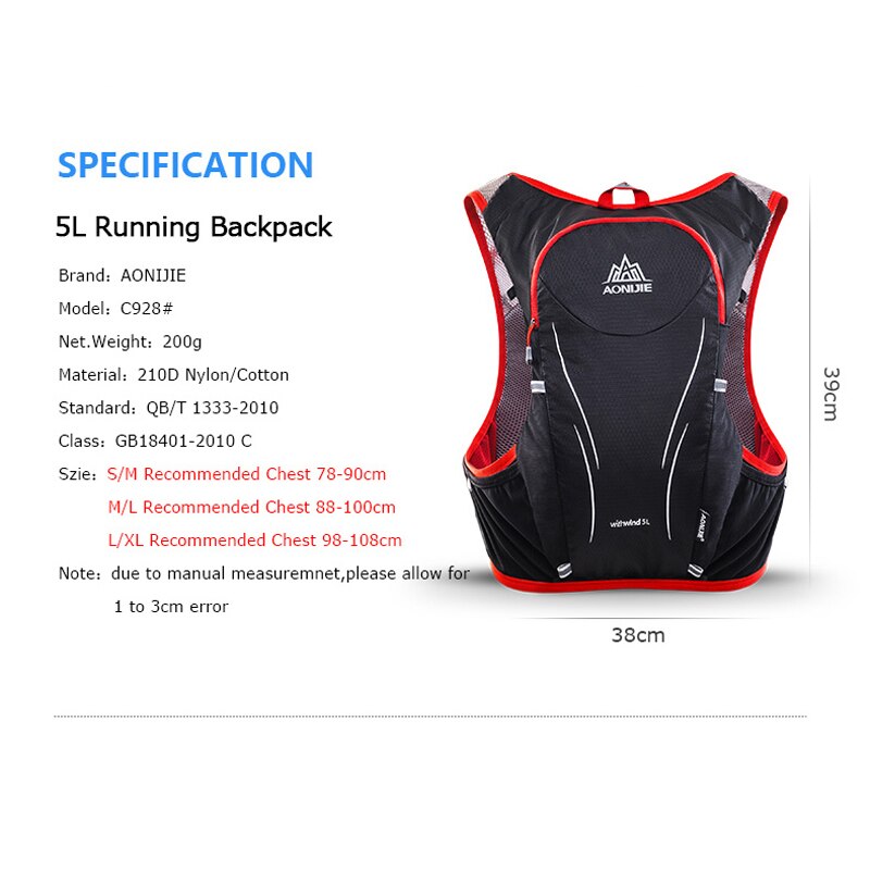 AONIJIE C928 5L Hydration Backpack Rucksack Bag Vest Harness 2L Water Bladder Hiking&Camping Running Marathon Race Sports Sets