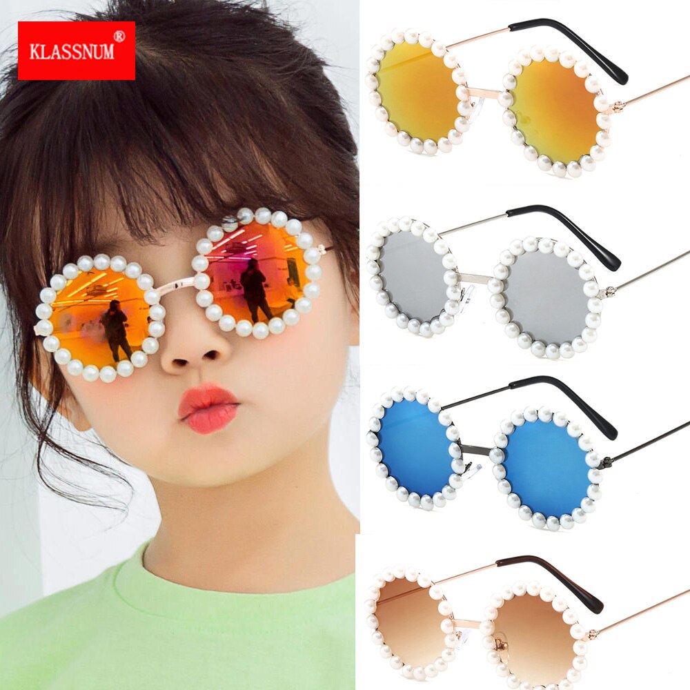 1pc mærke børn solbriller metal runde perle piger childrend solbriller gafas de sol  uv400 grå lyserød rød linse