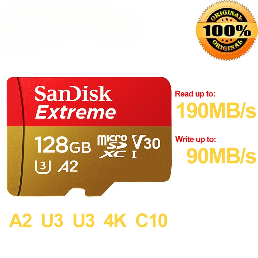 100% SanDisk Extreme MicroSD Card U3 A2 Memory Card V30 256GB 128GB 64GB 32GB Original TF Card A1 for Camera 512gB 1TB SDXC tf: 1 GB