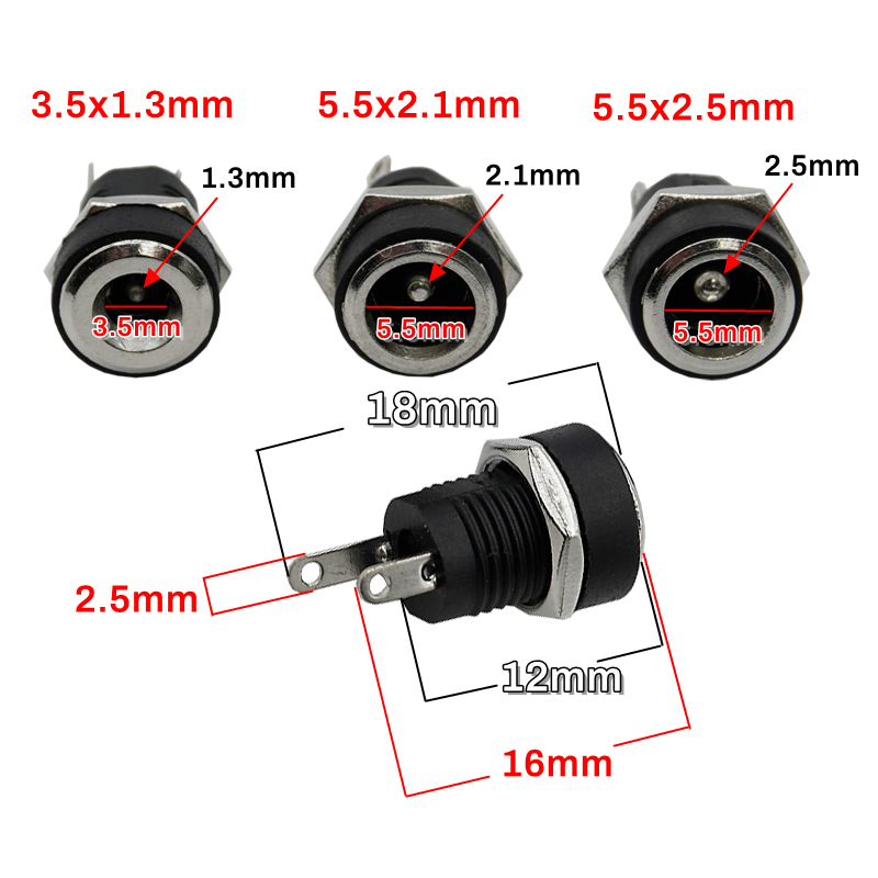DC Strømuttak Hunn 5.5x2.1mm 5.5x2.5mm DC-022B 3.5x1.3mm 2-Pins Panelmontering