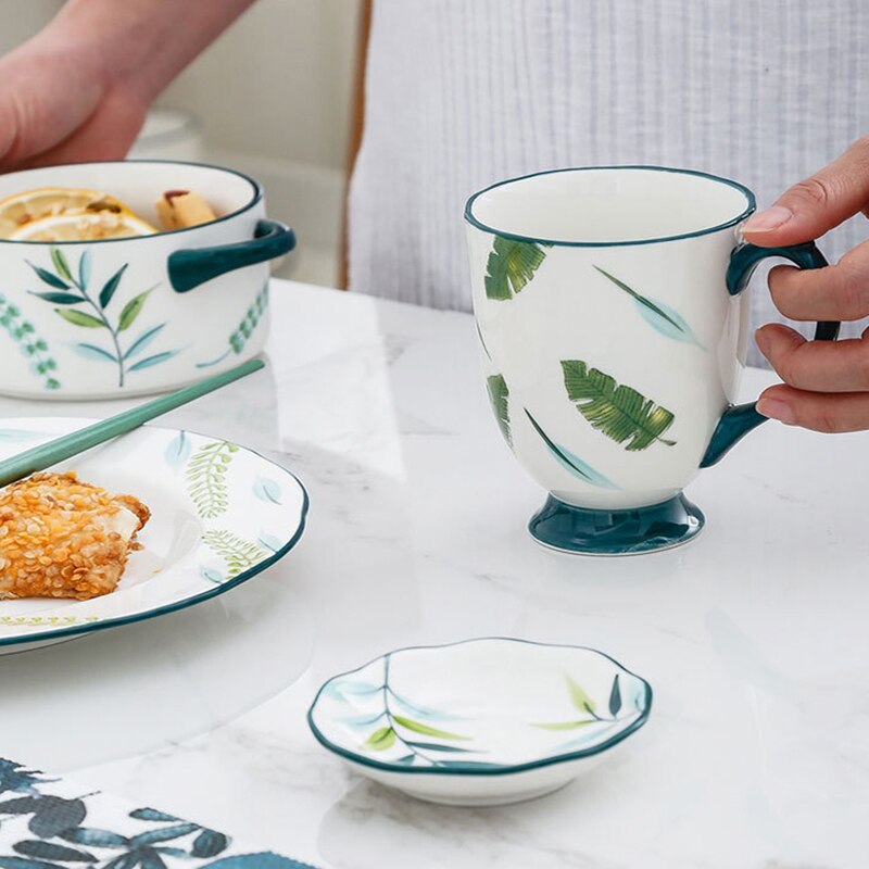 Porcelain Dinner Plate Set Round Green Plants Dish Sets Ceramic Cake Dessert Plate Bowl Mug Cups Dinnerware Decorative Flatware