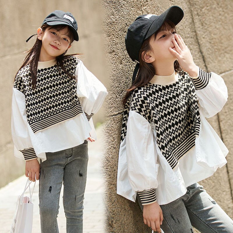 Girls Sweater Autumn Patchwork Irregular Kids Tops Teen School Casual Long-sleeve Clothing 12 14 Years Children Sweaters