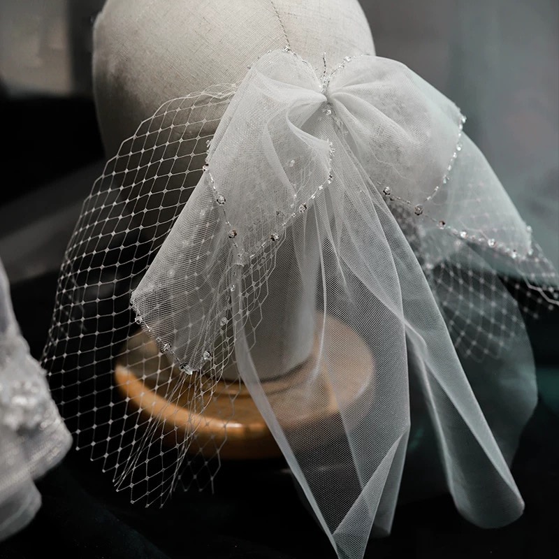 Boutique-velo corto con cuentas blancas para mujer, accesorios para el cabello, maquillaje con lazo, novia y boda