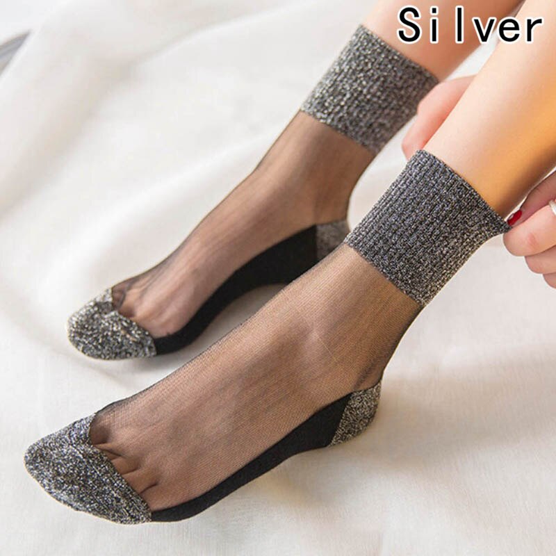 8 Colors Summer Women Ultrathin Transparent Socks Glitter Crystal Glass Silk Meias Beautiful Lace Shiny Elastic Short Socks: SV