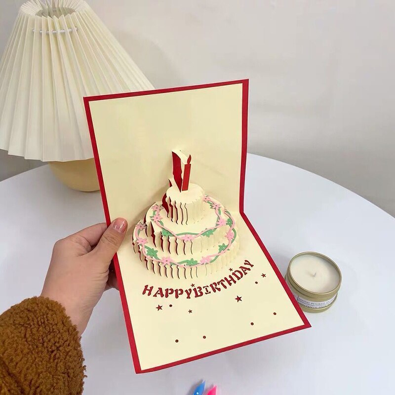 3d popup-kort födelsedagskort för tjej barn fru make födelsedagstårta gratulationskort vykort: Röd