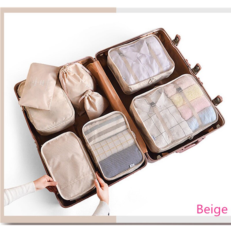 8 Stuk Koffer Organisator Opbergtas Reizen Cosmetische Bag Kleding Ondergoed Schoenen Verpakking Kubus Reizen Make Tassen: Beige