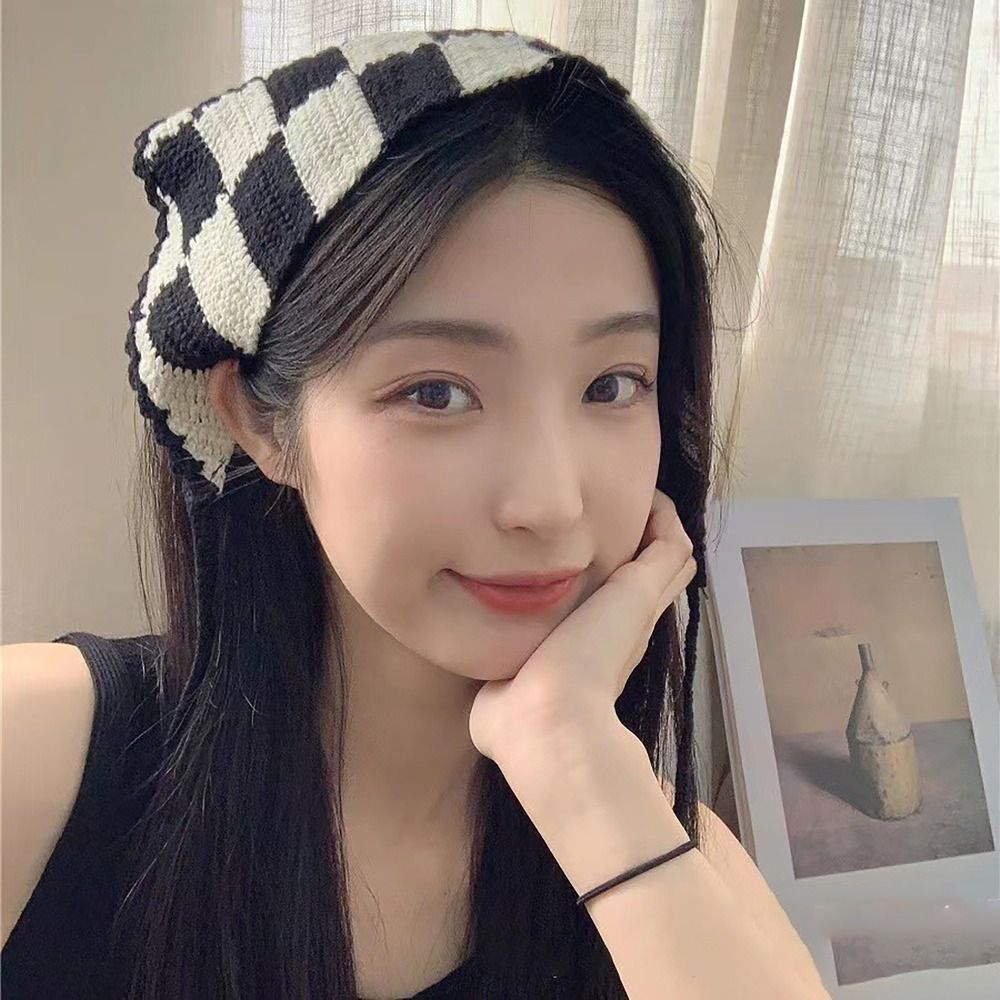 Knitted Headscarf Hat French Pastoral Style Triangle Headband Handmade Crochet Headband Towel Little Flower Headscarf