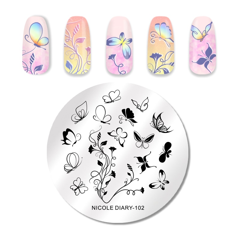 Nicole Dagboek Ronde Nagel Stempelen Plaat Veer Vlinder Afbeelding Patronen Rvs Nail Art Sjablonen Diy