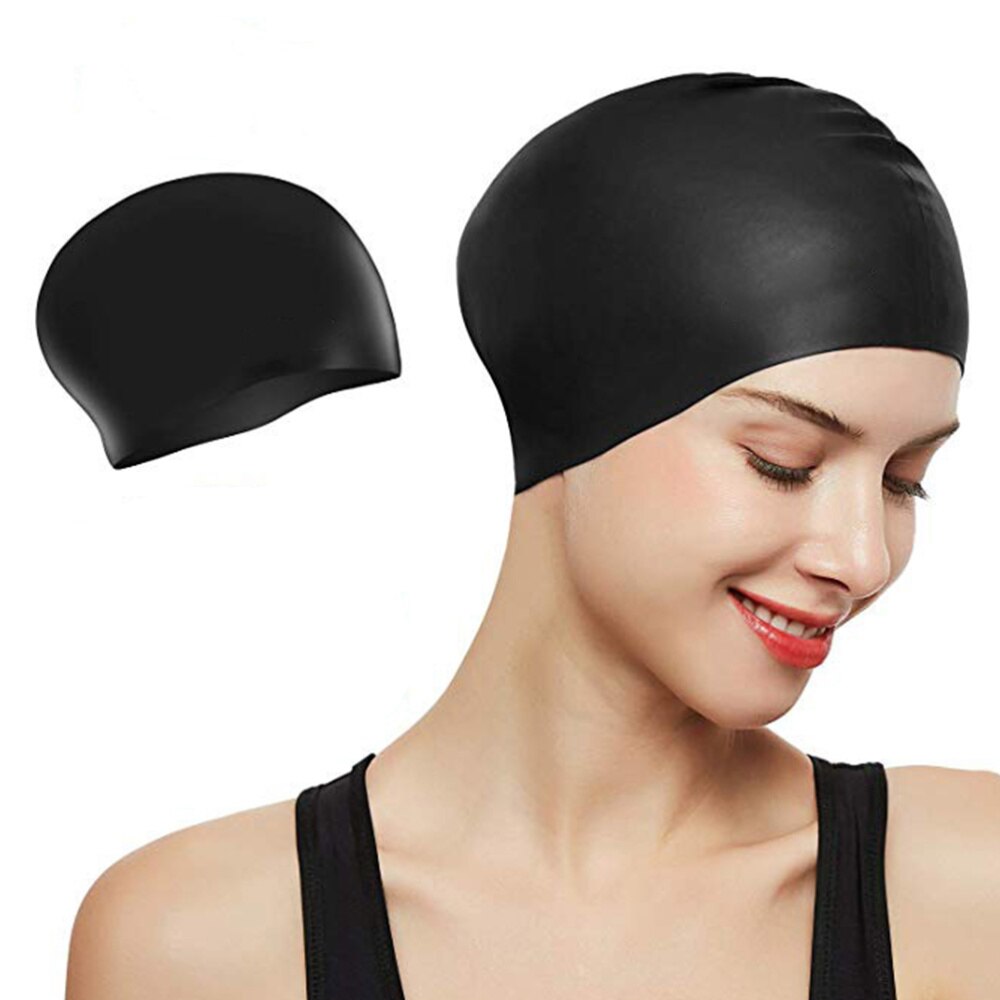 1PC Silicone Swimming Cap Practical Waterproof Swim Pool Hat Long Hair Ear Protection Swim Caps for Female (Black)