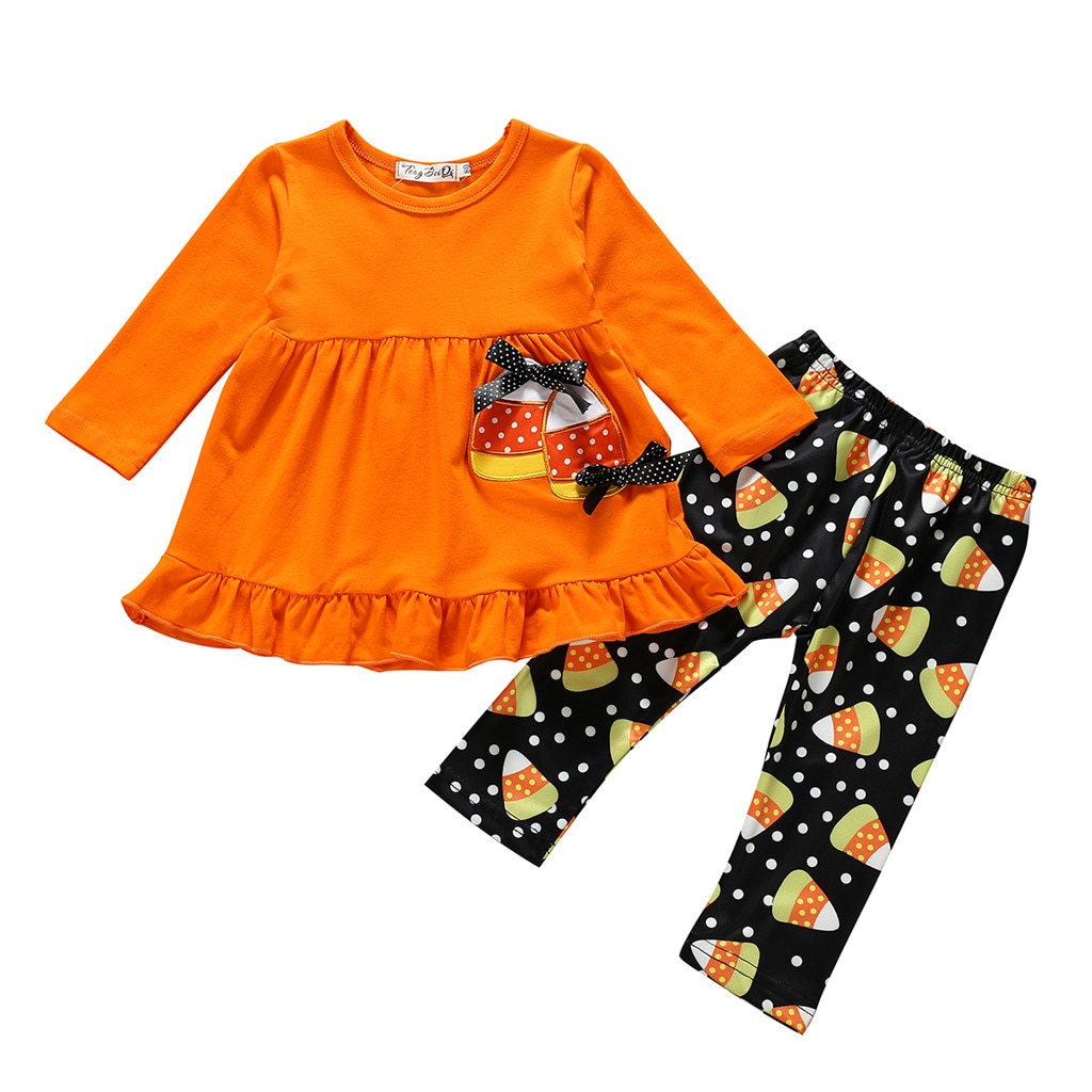 Halloween flickor kläder set 2 st småbarn barn tjejer volang klänning toppar leggings byxor tjejer höst outfits barn kläder set: 18m