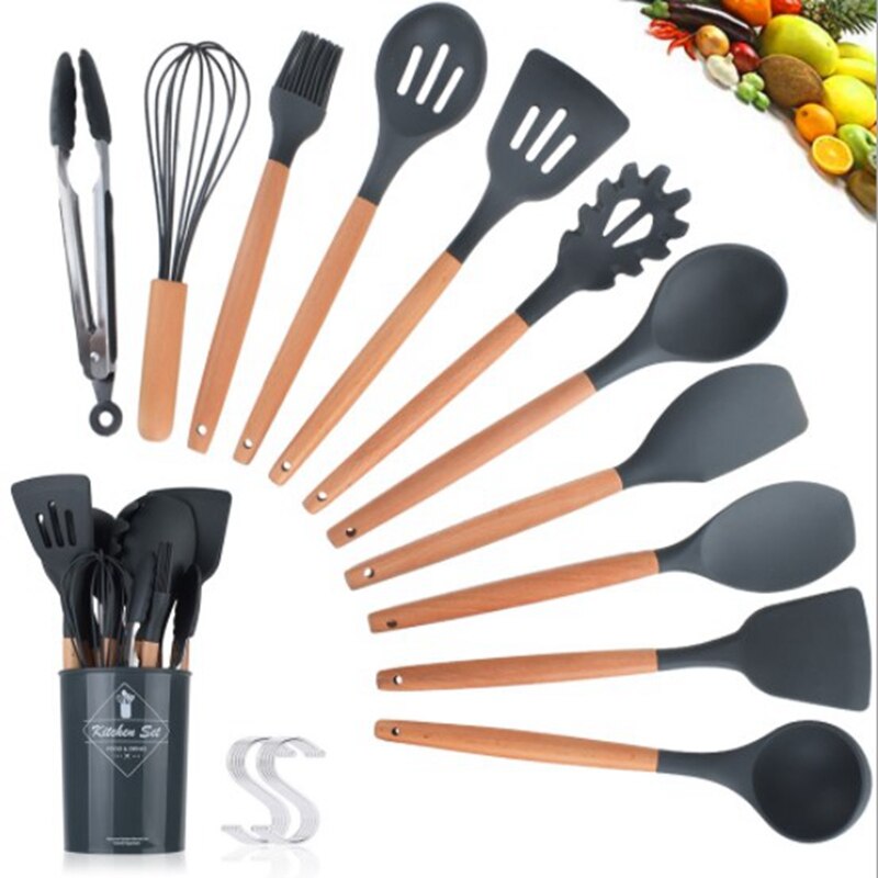 Silicone Cooking Utensils Set Soup Spoon Spatula Brush Non-Stick Shovel Wooden Handle Kitchen Tool Heat-Resistant
