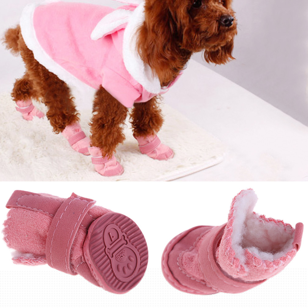 4Pcs/Set Winter Warm Shoes for Dogs Warming Cotton Plush Boots Snow Walking Cotton Blend Puppy Cats Sneakers Pet Supplies: Pink / XS